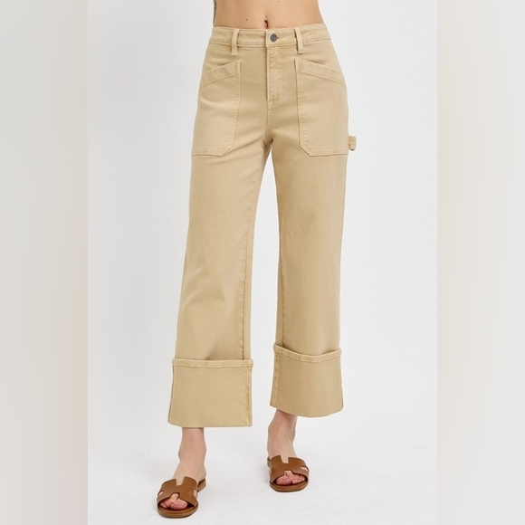 Risen High Rise Straight Wide Leg Cuffed Patch Pocket Jeans Tan Various NEW - Picture 2 of 5